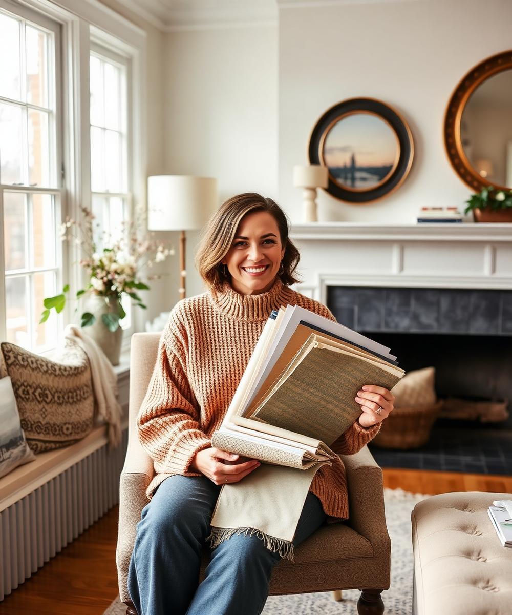 Bungalow's interior designer with fabric swatches